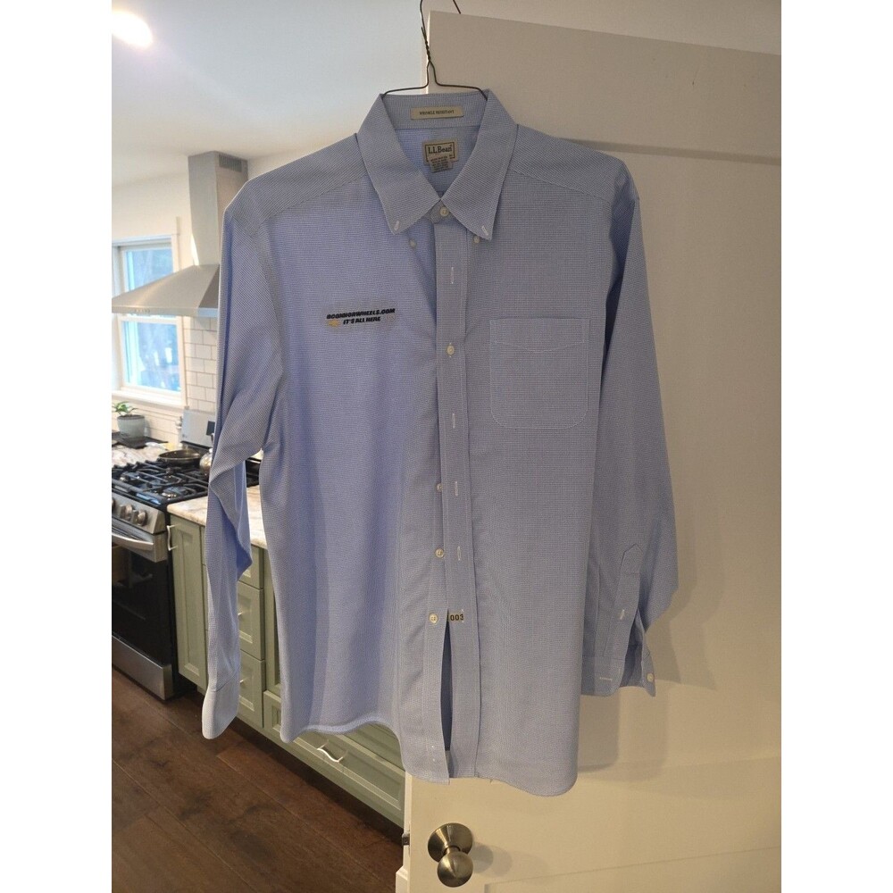 #71 LL Bean Button Down Men Shirt Large 0FKD3 Wrinkle Resistant Blue White Check
